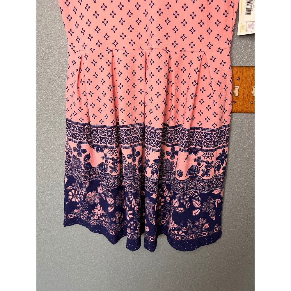 LuLaRoe Amelia Dress 2XL Pink Navy Blue Floral Border Print Short Sleeve Pleated - Picture 3 of 11